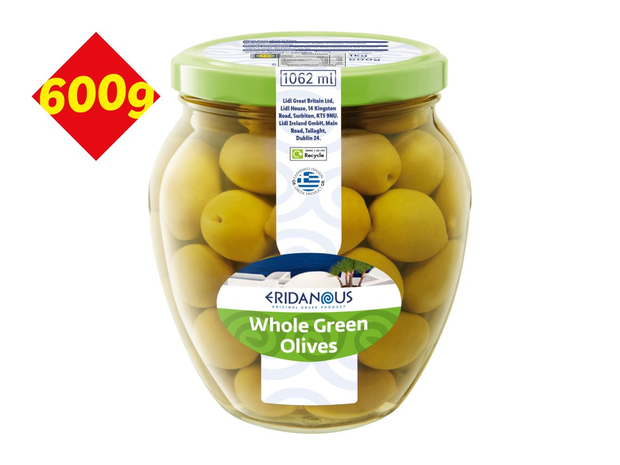 Eridanous Whole Green Olives in a jar, 600g, with a green lid.