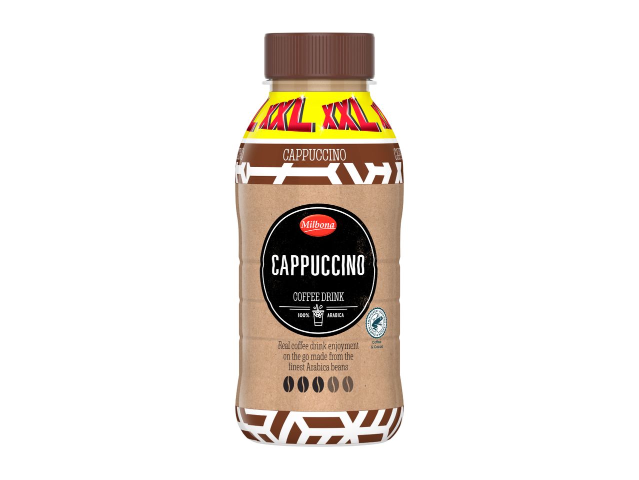 Cappuccino coffee drink in a bottle with a brown and black label, featuring a Rainforest Alliance seal.