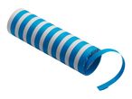 Blue and white striped party popper with a blue streamer unrolling