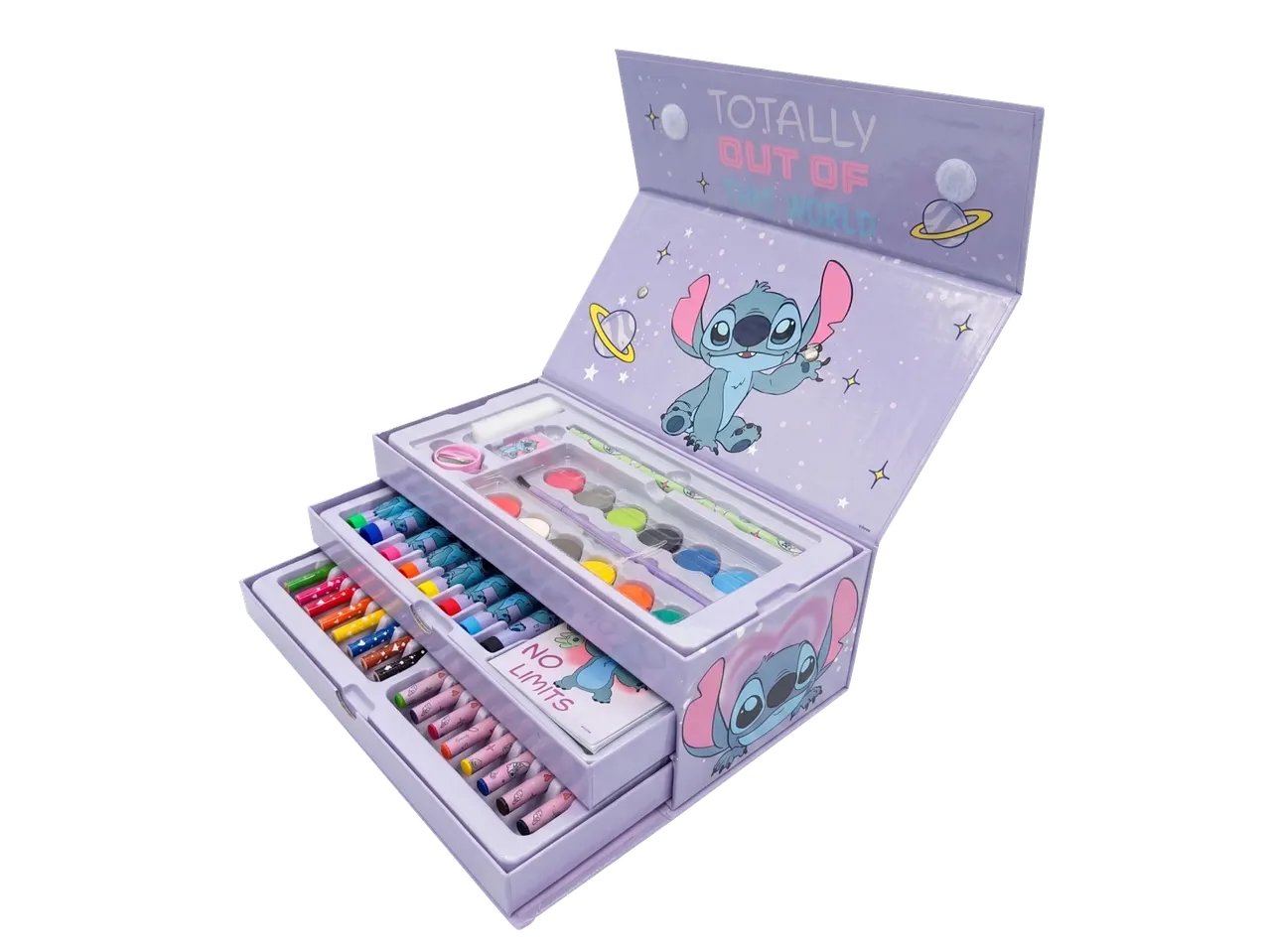 Undercover Stitch kunstset met verf, kleurpotloden en stickers, thema 'Totally Out of This World'.