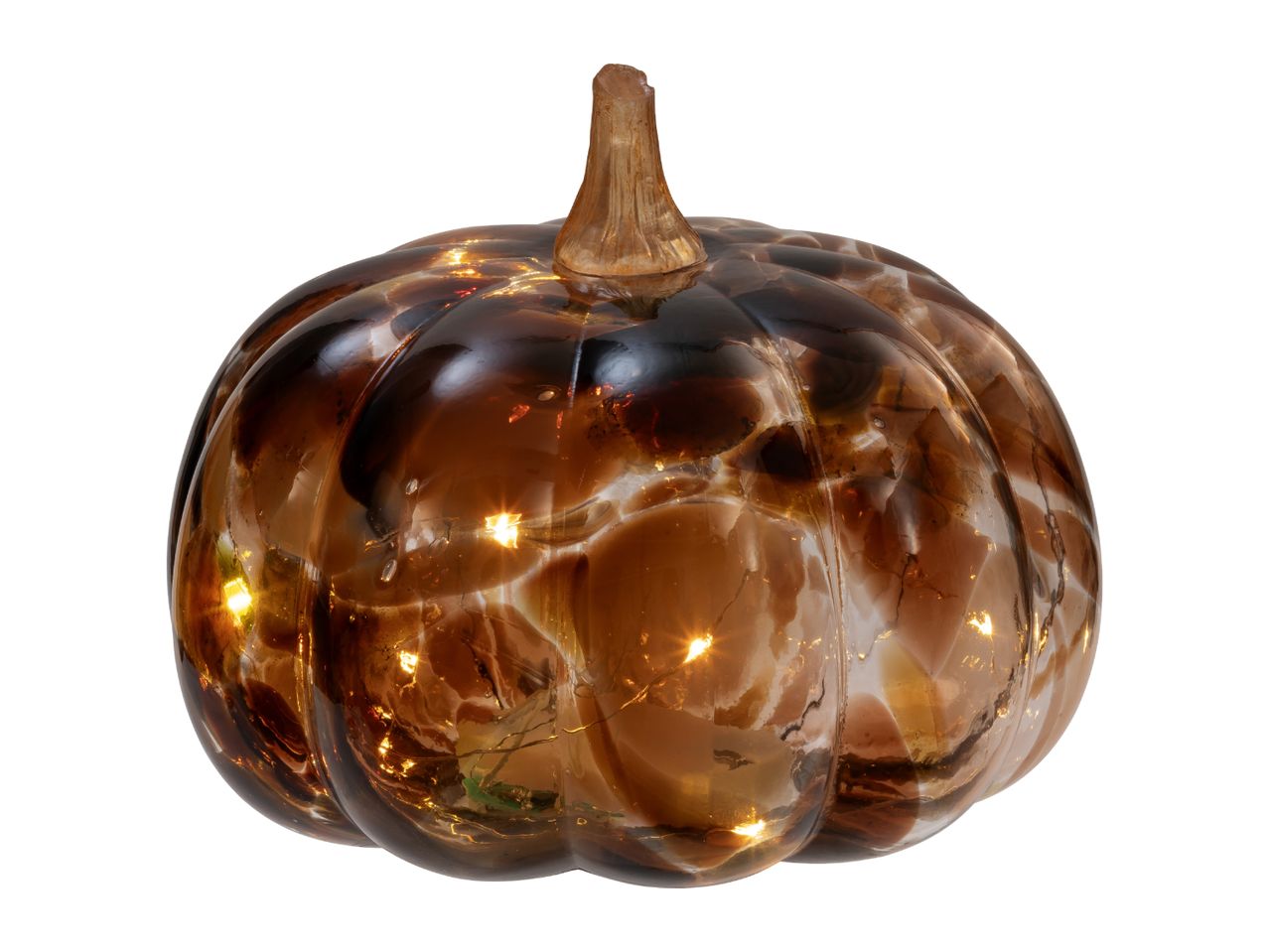 Light-up glass pumpkin decoration with a brown and amber swirled design.