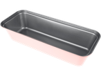 Pink loaf pan with a dark grey non-stick interior, viewed from an angle.