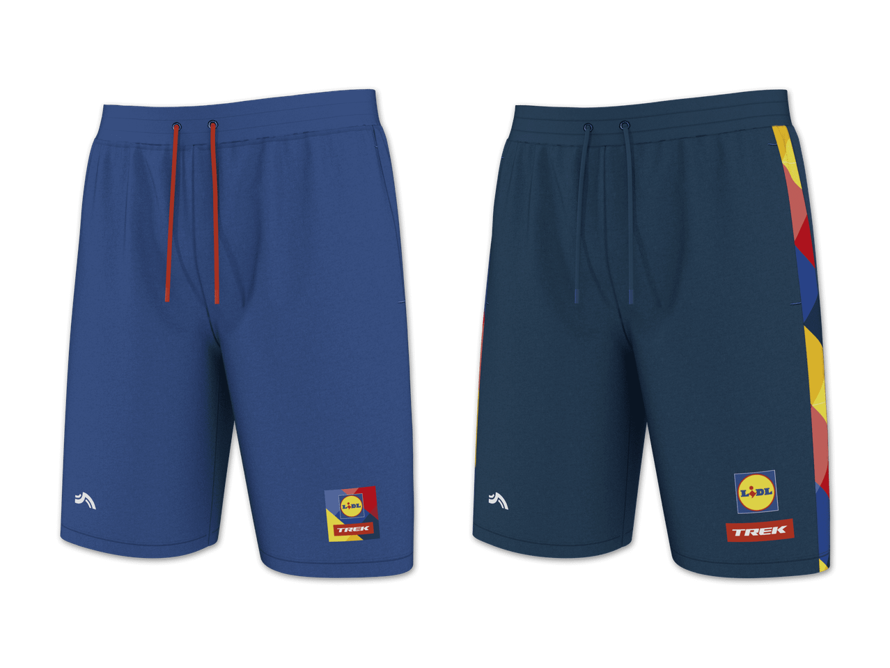 Zwei blaue Shorts mit farbigen Streifen und Logos