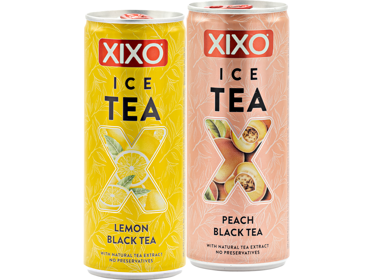 Två Xixo Ice Tea-burkar, en med citron och en med persika.