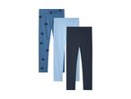Tre par leggings til børn: et par med hjerter, et lyseblåt og et mørkeblåt par.