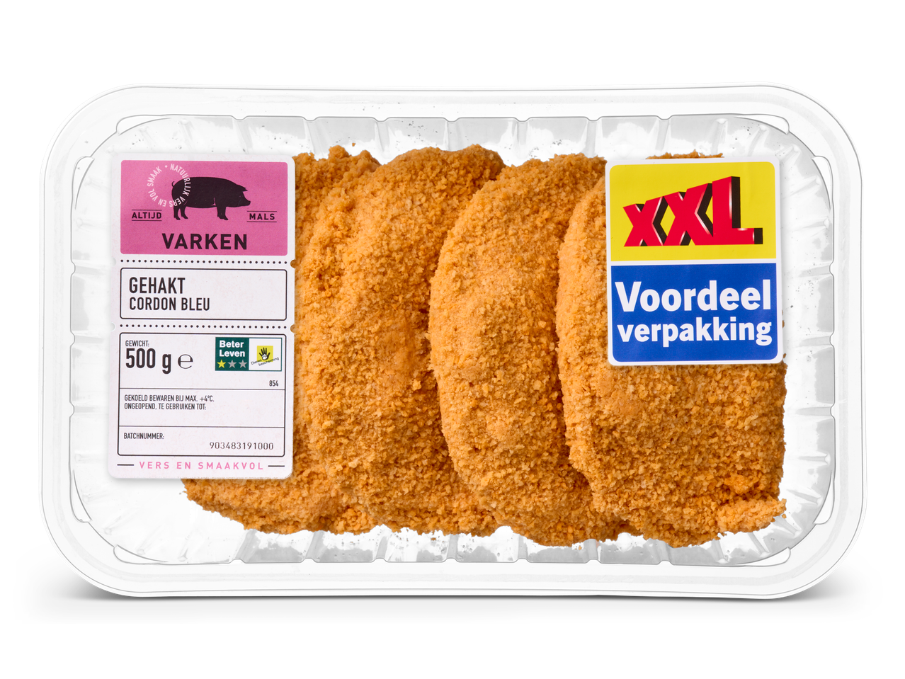 XXL verpakking gepaneerde varkens gehakt cordon bleu.