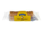 Pack of mini cheese oatcakes in clear packaging with a yellow label featuring a puffin.