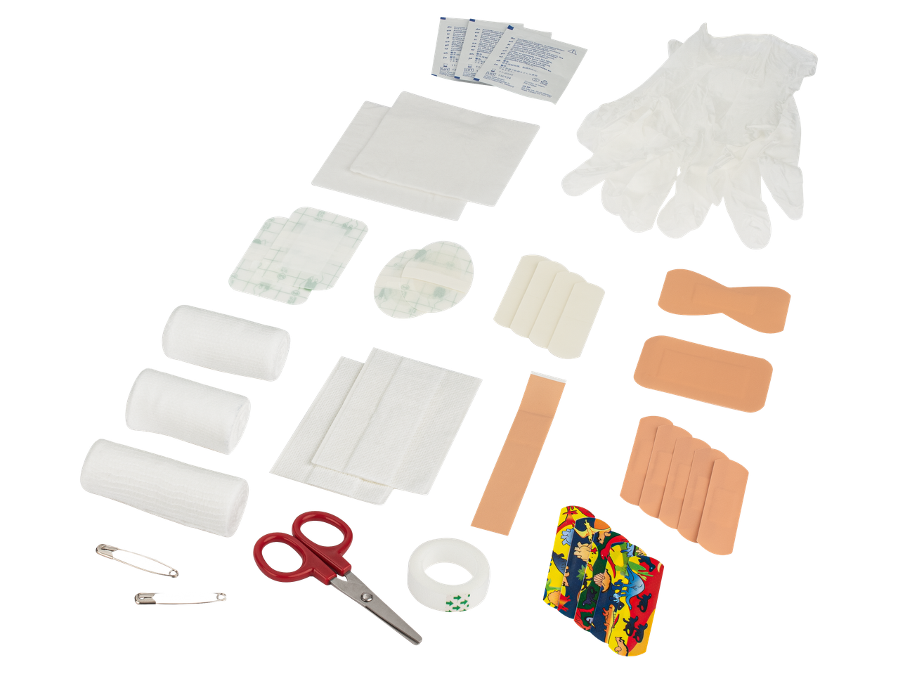 Elsősegélykészlet orvosi kellékekkel, kötszerekkel, ollóval és kesztyűvel.