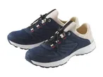 Pair of navy blue and beige athletic shoes with elastic laces