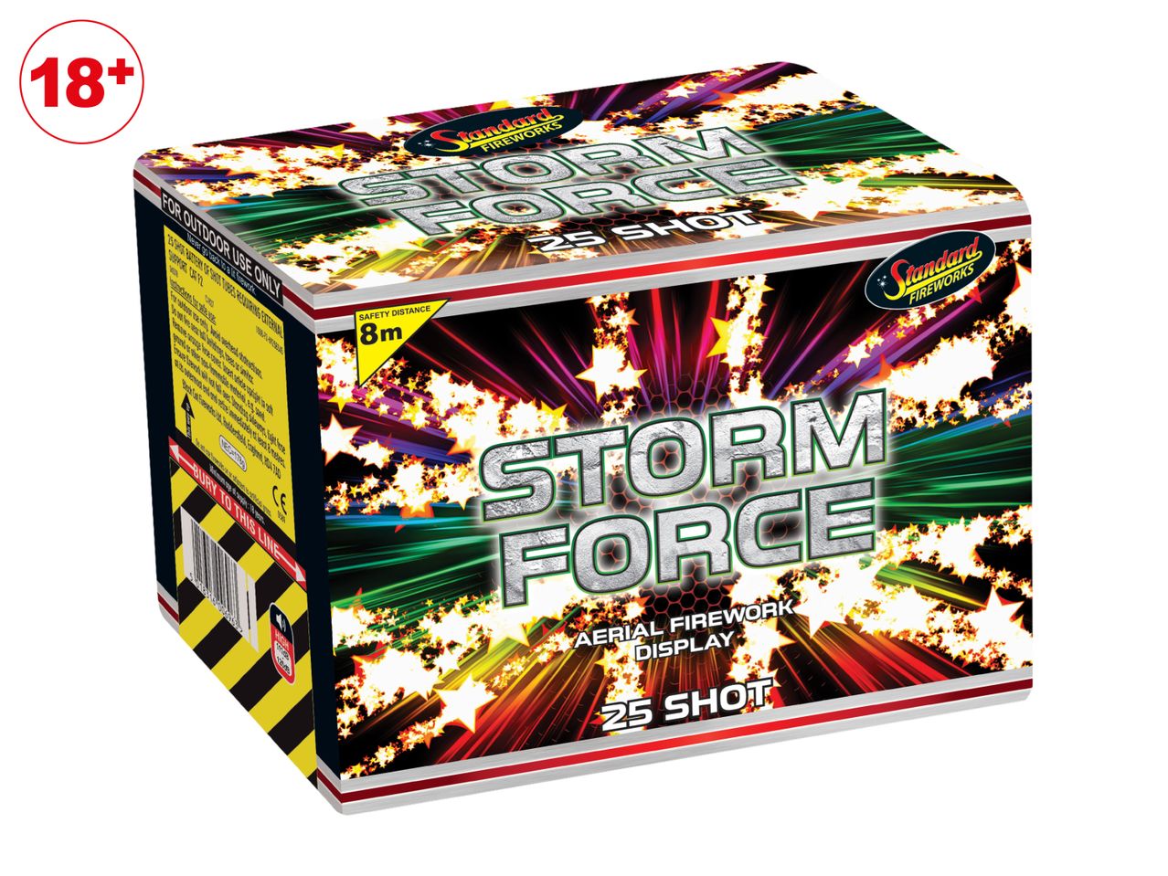 A 25-shot aerial firework display box with a safety distance of 8 meters.