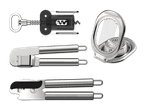 Korkenzieher, Knoblauchpresse, Eierschneider und Dosenöffner aus Edelstahl.