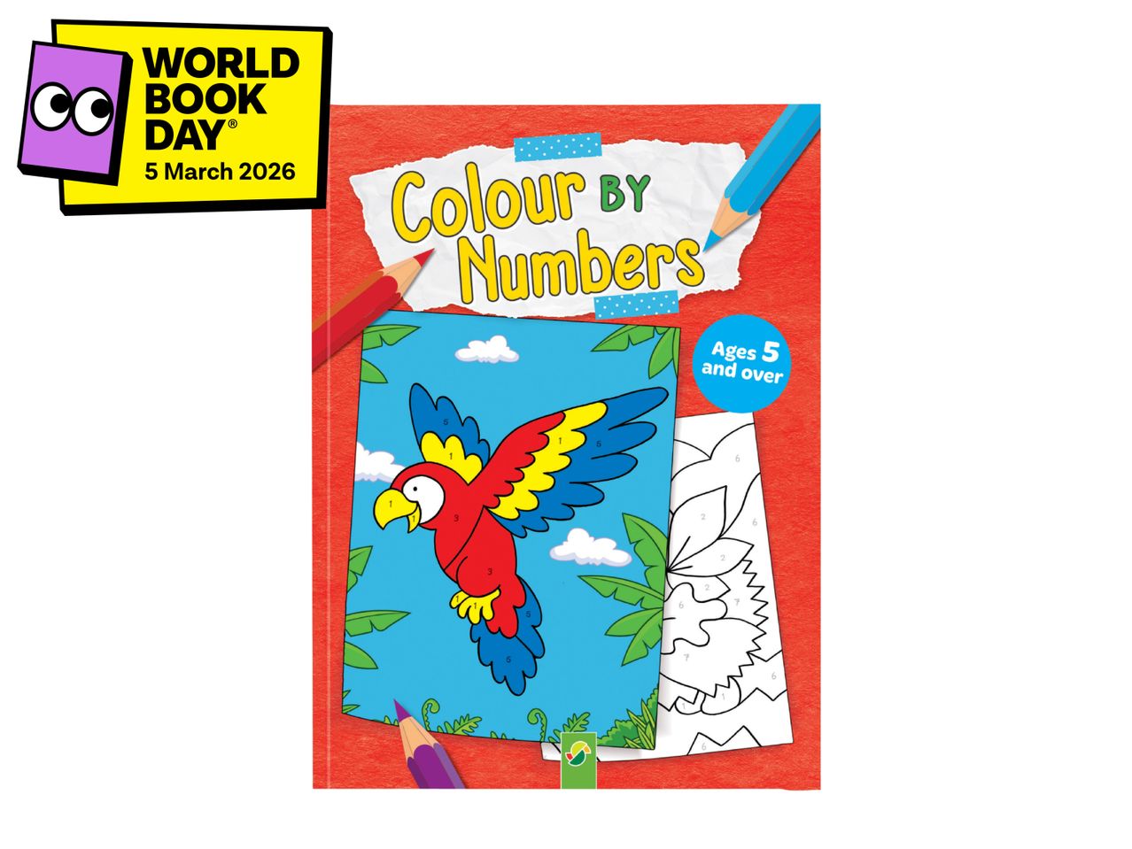 Colour by Numbers book for ages 5 and over, featuring a parrot, with a World Book Day 2026 banner.