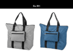 Zwei faltbare Einkaufstaschen in Grau und Blau mit kleiner Vortasche.