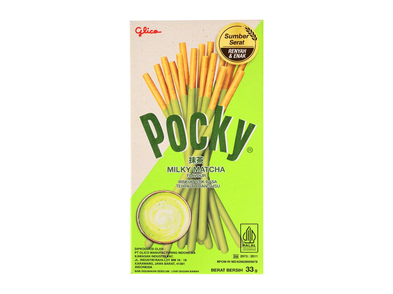 Matcha-flavored biscuit sticks with a green and beige design, labeled as a source of fiber.
