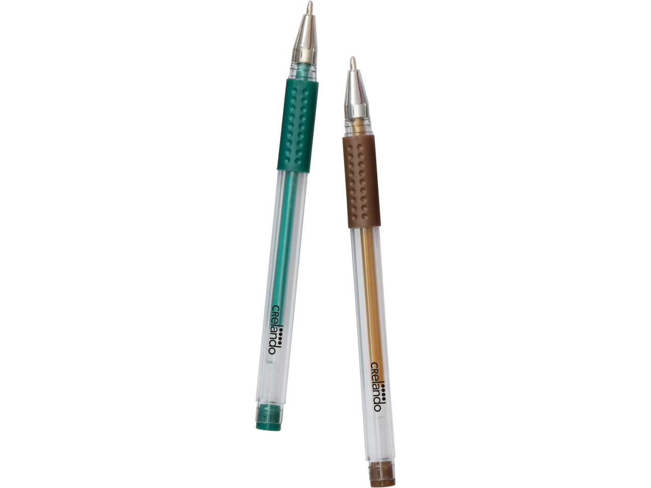 Duas canetas gel metálicas Crelando; verde e dourado.