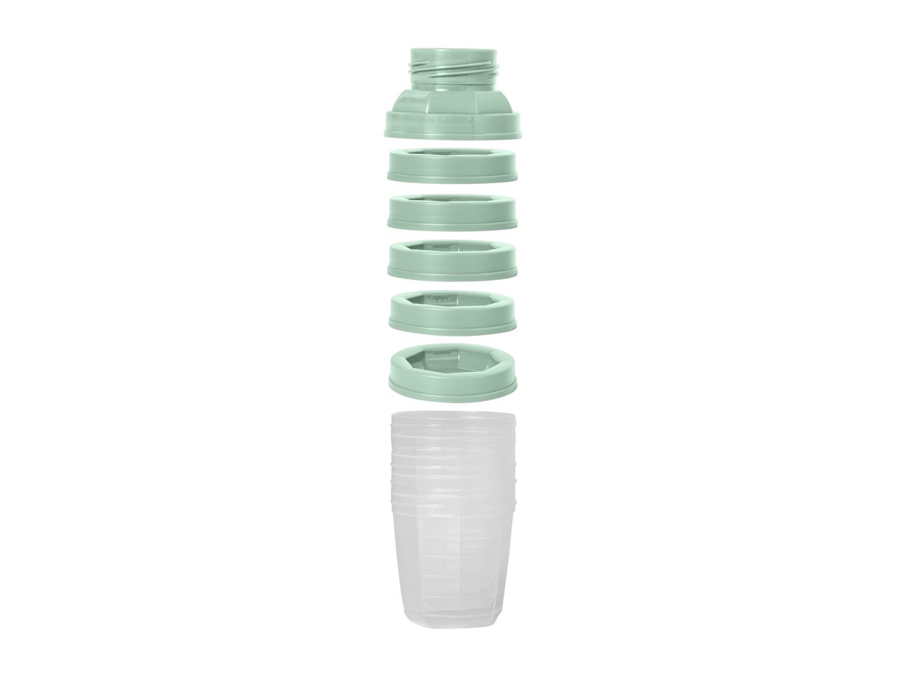 Collapsible light green funnel and stack of clear plastic measuring cups.