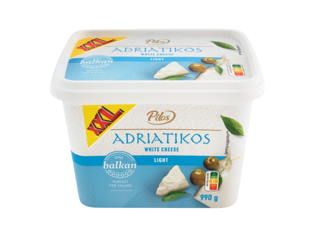 Beli sir u balkanskom stilu, lagani, 990g, sa maslinama i listovima.
