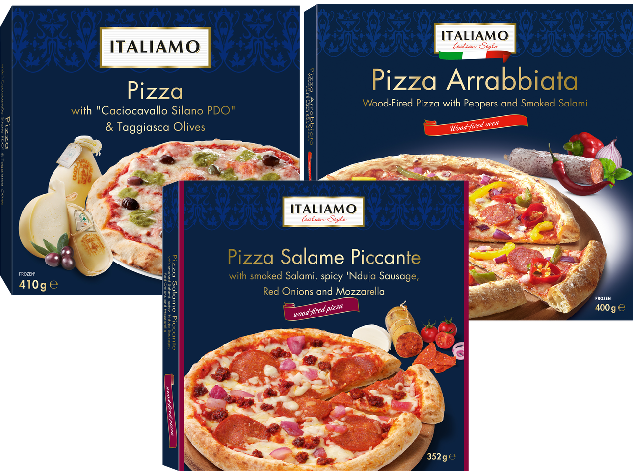 Tre pizzakartonger från Italiamo: Pizza med Caciocavallo Silano PDO & Taggiasca-oliver, Pizza Arrabbiata och Pizza Salame Piccante.
