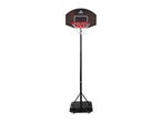 Portable basketball hoop stands on a wide base.