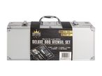 A silver metal carrying case containing a Royalford Deluxe BBQ Utensil Set.