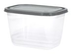 Clear rectangular food storage container with a dark grey lid.