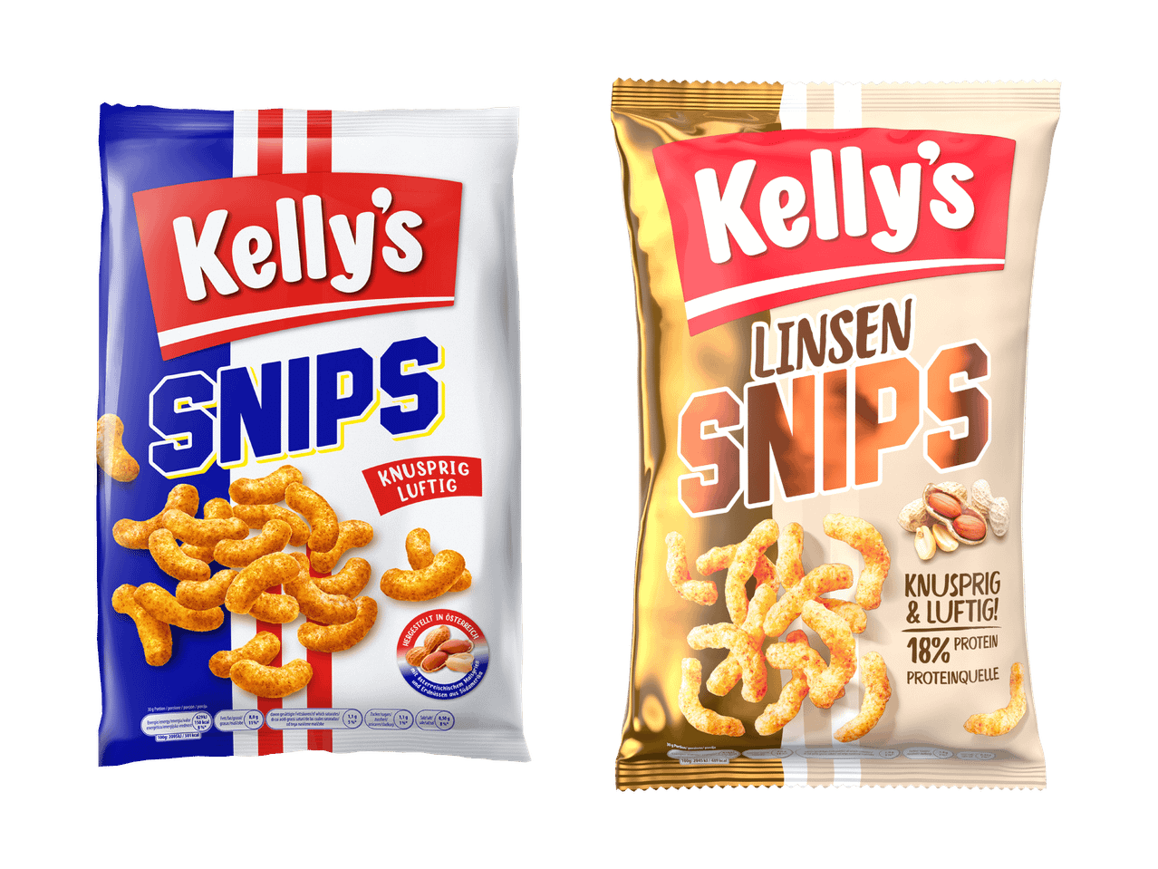 Zwei Packungen Kelly's Snips, eine in klassischer und eine in Linsen-Variante.