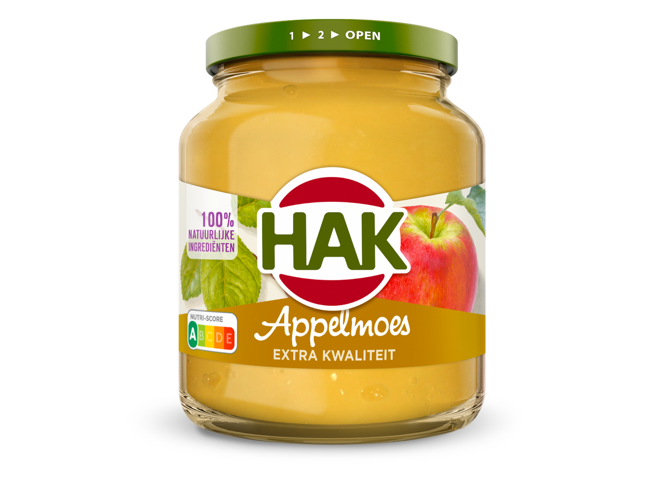 Pot appelmoes met een etiket met appels en bladeren, en de tekst '100% natuurlijke ingrediënten'.