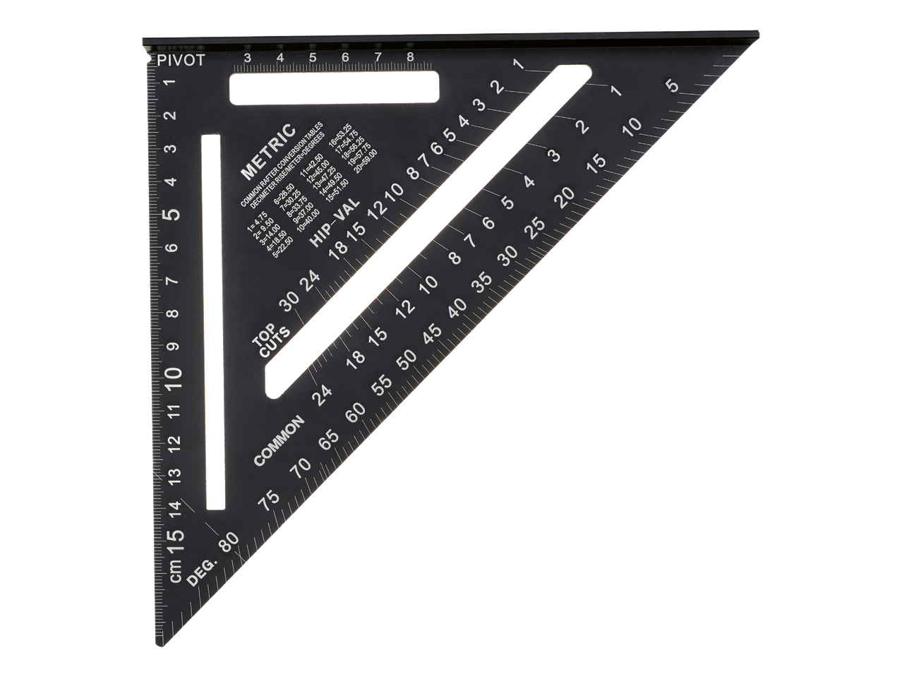 Crni mjerni kutnik s metričkim i rafter tablicama, te oznakama za rezanje i stupnjeve.