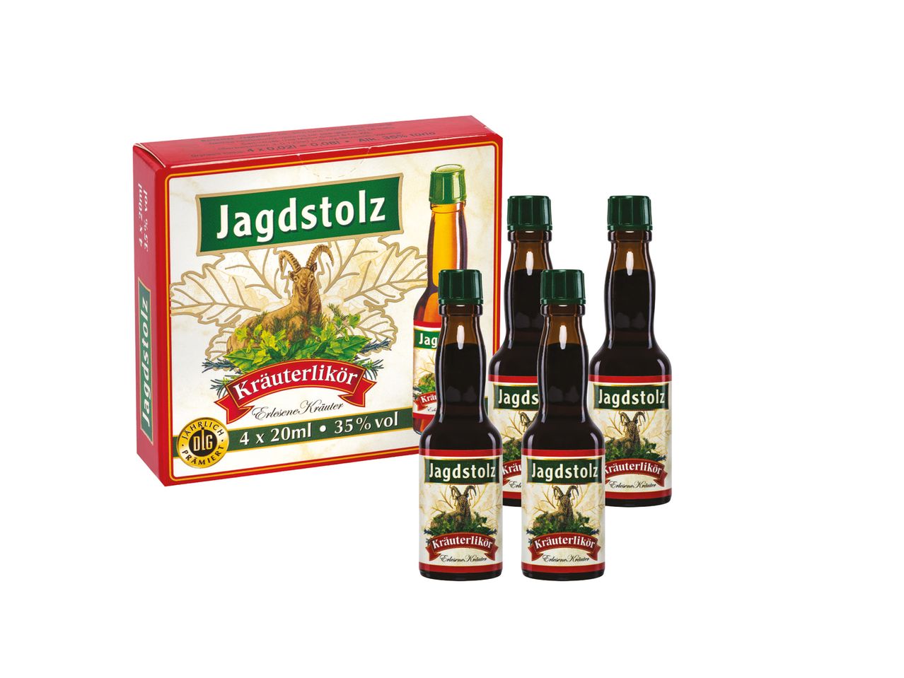 4 mini Jagdstolz Kräuterlikör buteliukai pakuotėje.
