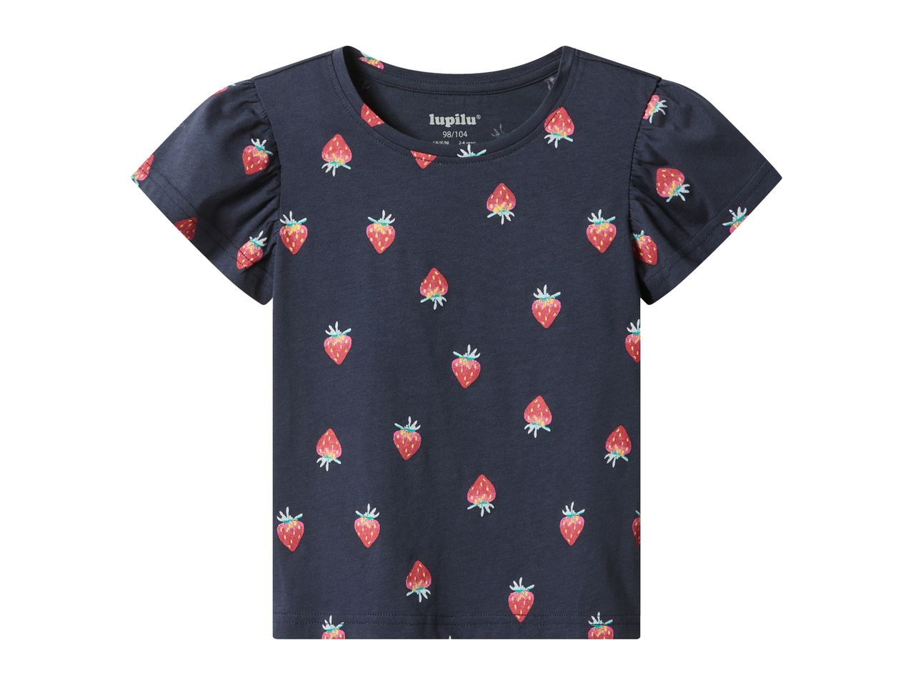 Dark blue short-sleeved children's t-shirt with a strawberry pattern
