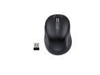 A black wireless mouse with its USB receiver.