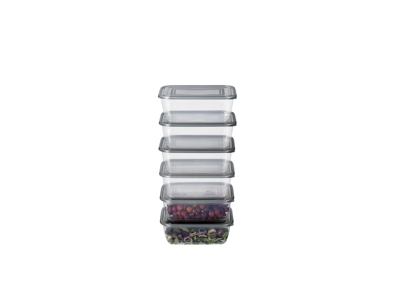 Virnastatavad läbipaistvad plastmassist toidunõud hallide kaantega, täidetud viinamarjade ja salatiga.