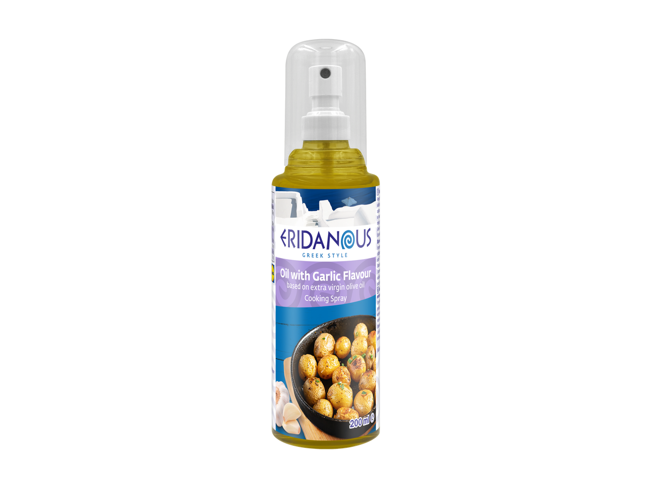 Eridanous Greek Style Olie met knoflooksmaak kookspray, 200ml, met geroosterde aardappelen.