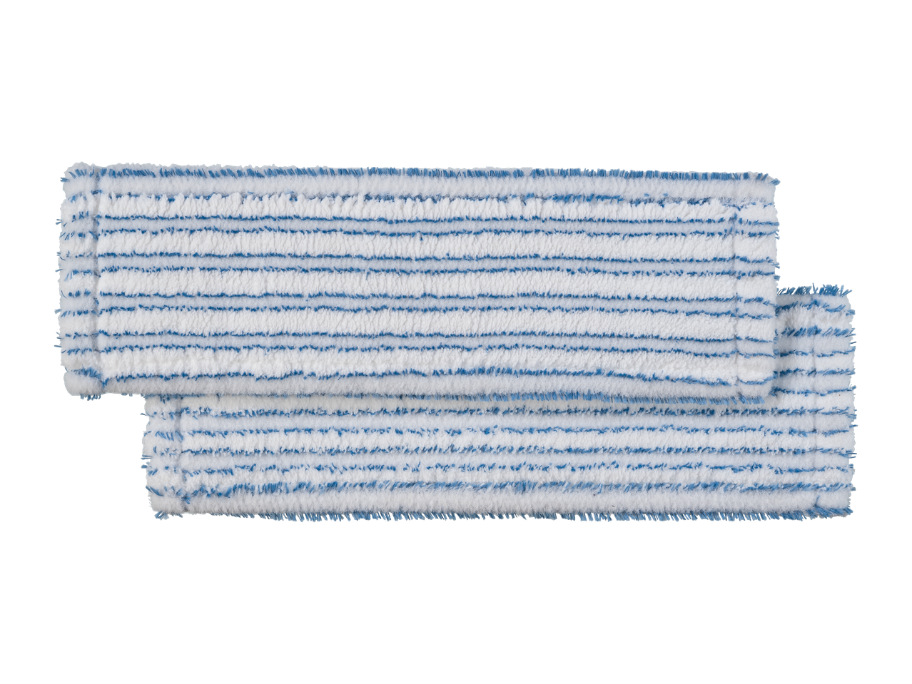 Dve bele i plave krpe od mikrovlakana, presavijene jedna preko druge.