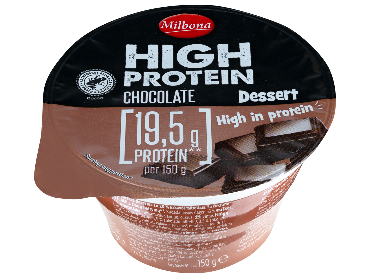 Milbona High Protein csokoládés desszert 19,5 g fehérjével 150 g-onként, Rainforest Alliance tanúsítvánnyal.