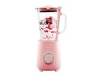 Pink blender with berries and yogurt inside, ready for blending.