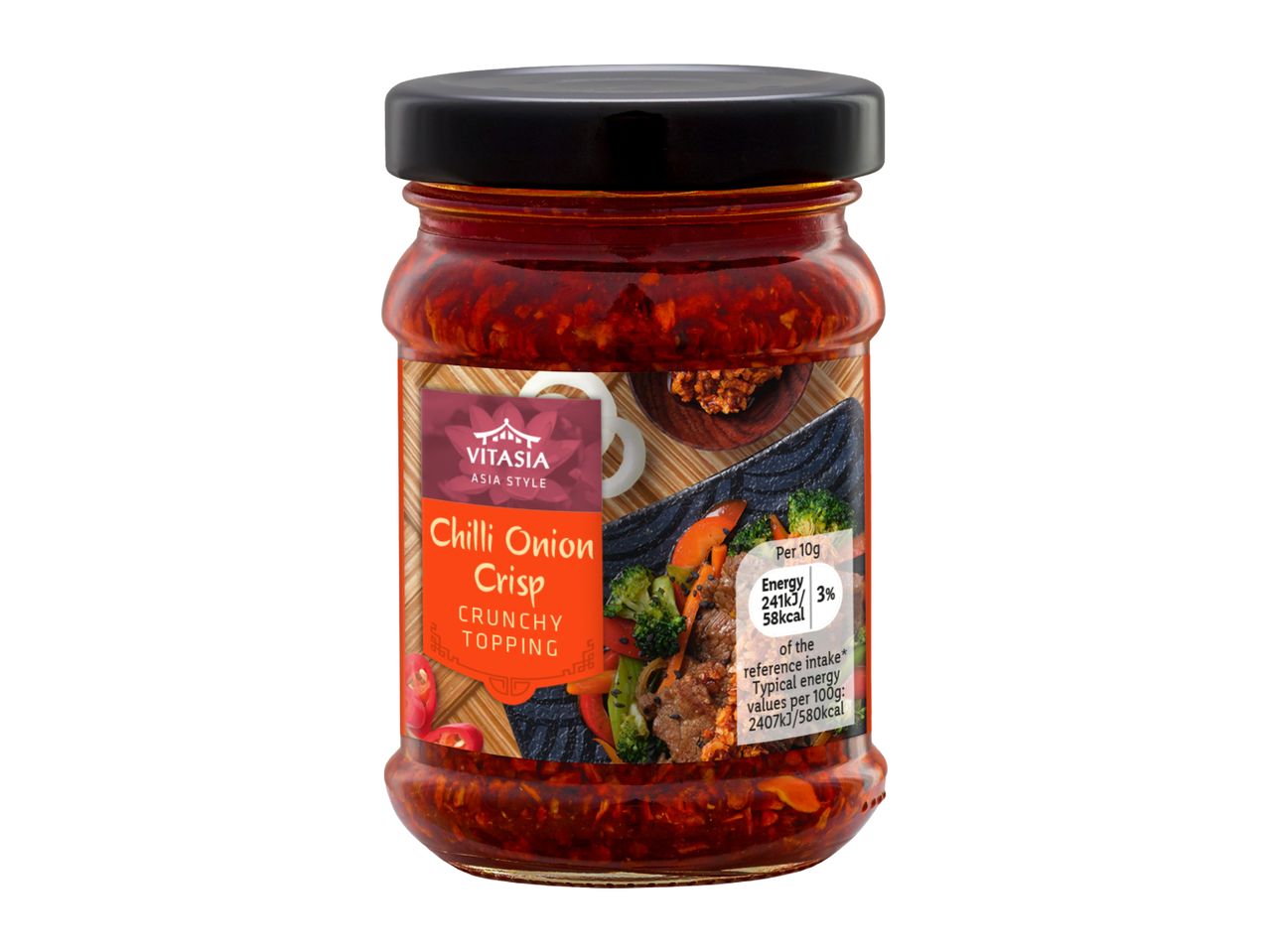 Jar of chilli onion crisp crunchy topping with nutritional information and a serving suggestion.