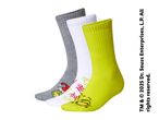 Three pairs of Dr. Seuss Grinch socks in grey, white, and lime green.