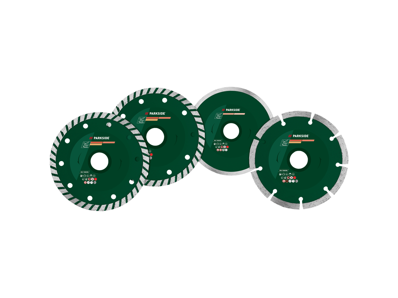 Four Parkside diamond cutting discs for angle grinders, two with turbo segments and two with segmented rims.