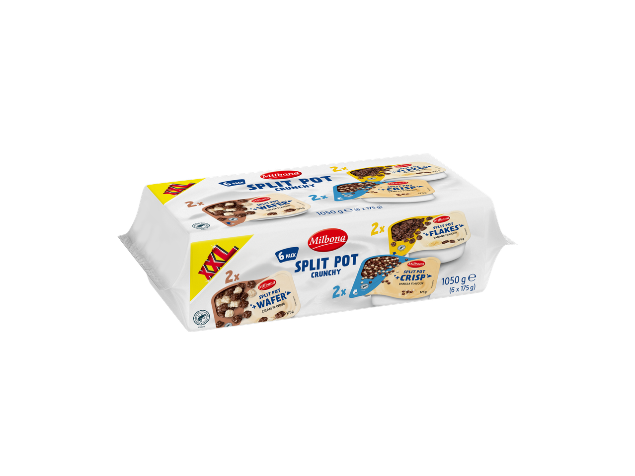 Milbona Split Pot Crunchy XXL 6-pack met Wafer, Crisp en Flakes varianten, 1050g.
