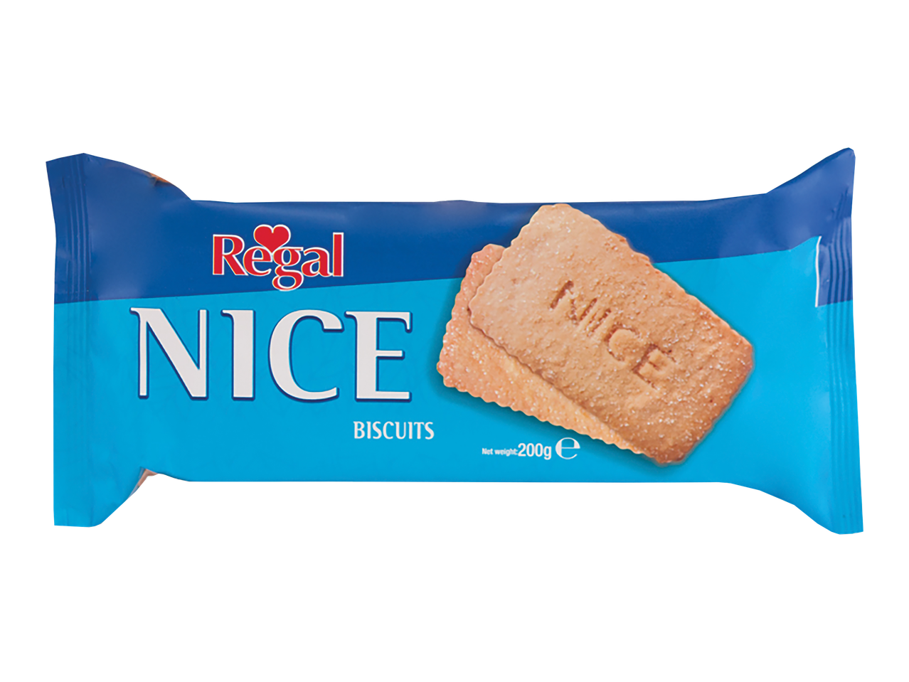 Regal Nice Biscuits in blue packaging, with two biscuits visible.