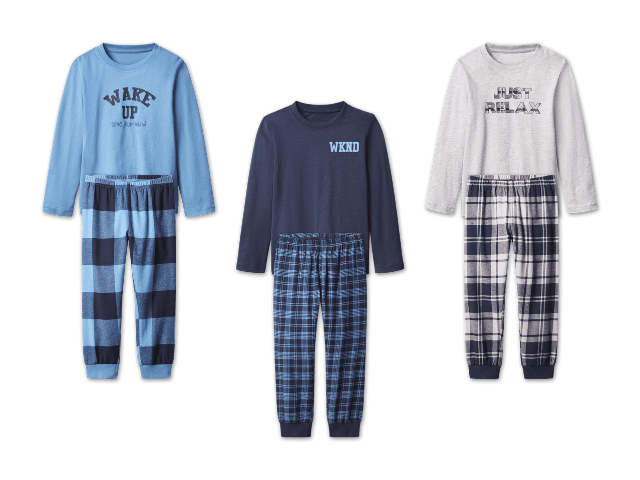 Drei Pyjama-Sets für Kinder mit Langarmshirts und karierten Hosen.