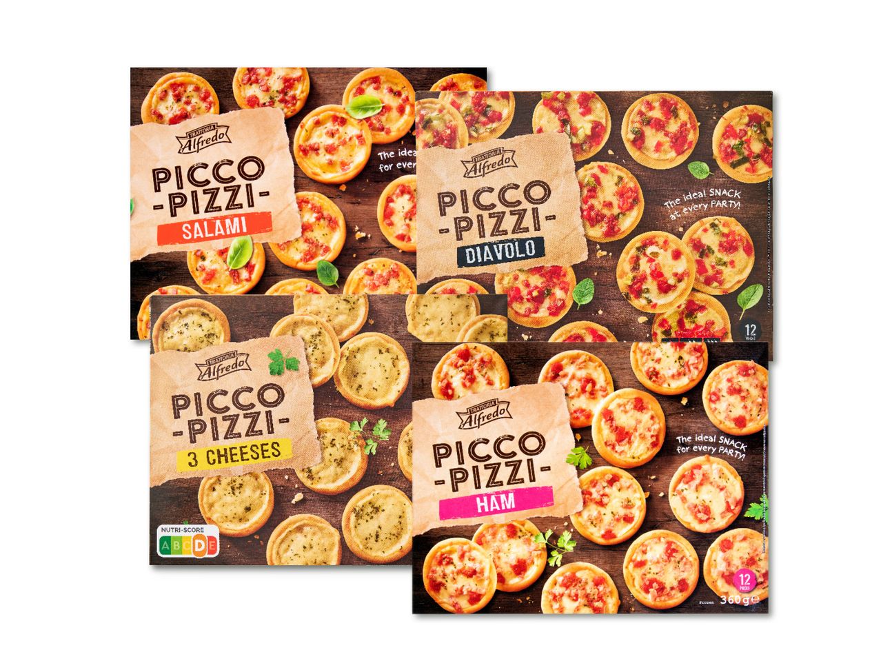 Četri Trattoria Alfredo Picco Pizzi saldētas mini picas veidi.