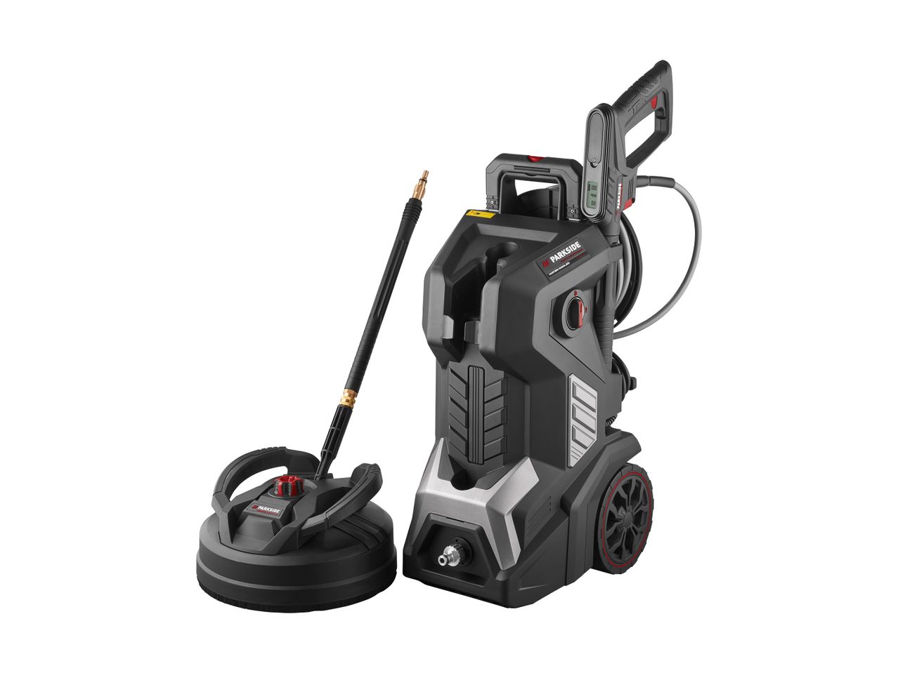 High-pressure cleaner with a surface cleaner attachment, featuring a water-cooled motor.