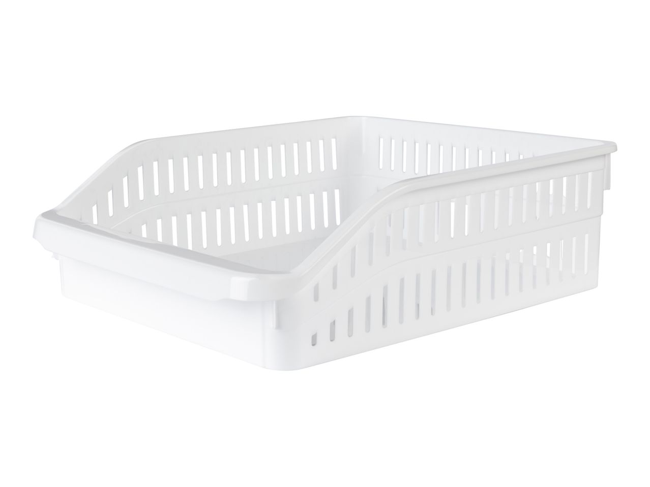 A white plastic storage basket with a slanted front for easy access.