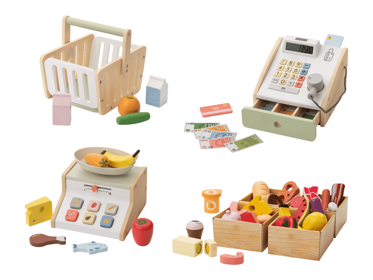 Puinen lelukauppasetti, jossa on ostoskori, kassa, vaaka ja erilaisia ruokatuotteita.