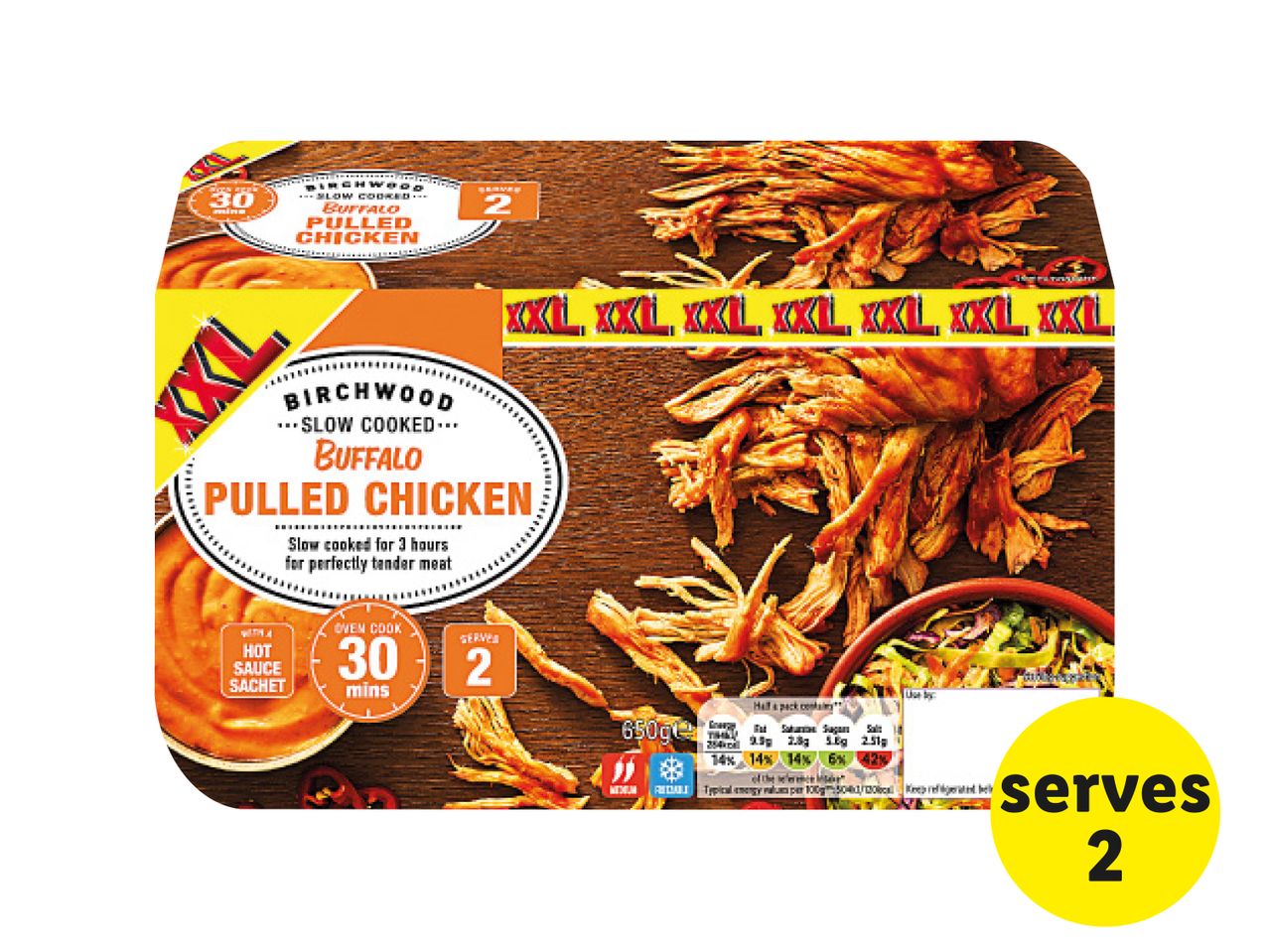 Birchwood Buffalo Pulled Chicken packaging with nutritional information.