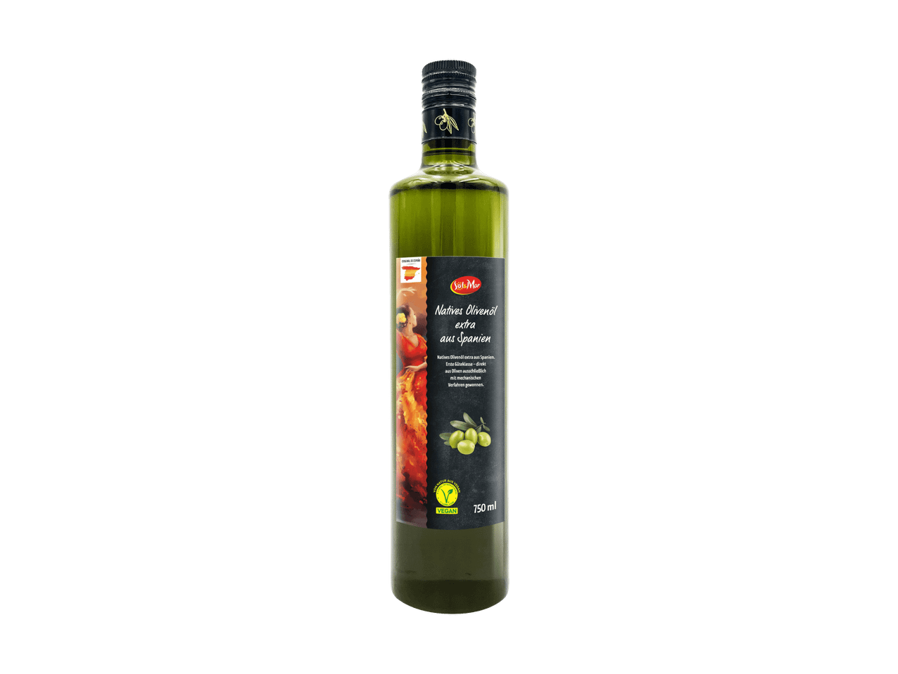 Flasche natives Olivenöl extra aus Spanien, 750 ml, mit Flamenco-Tänzerin und Olivenzweig auf dem Etikett.
