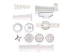 Disassembled parts of a white meat grinder, including auger, housing, blades, and grinding plates.