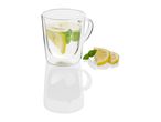 Double-walled glass mug with lemon and mint tea.